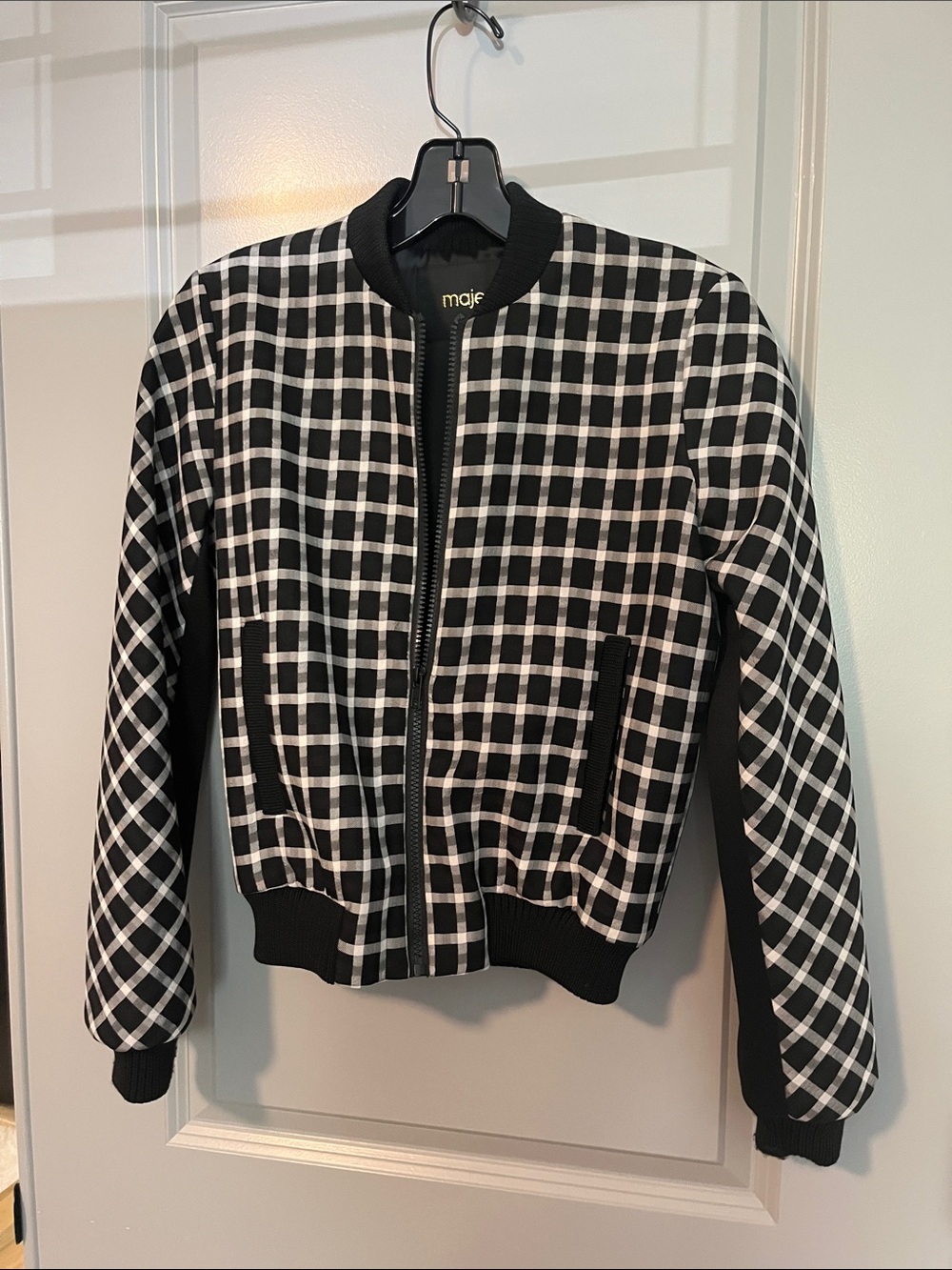 Maje Black & White Checked Bomber Jacket
